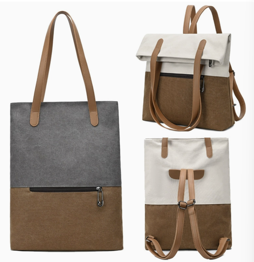 Multifunction canvas backpack by dropshipping in brown and gray with clean stylish design and padded shoulder straps