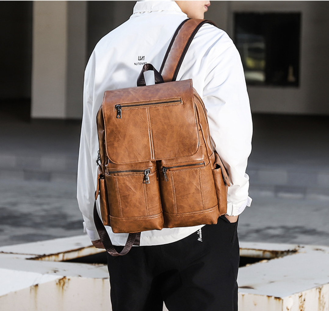 Retro PU leather backpack by AB-28 in warm brown with padded air cushion shoulder straps for daily use