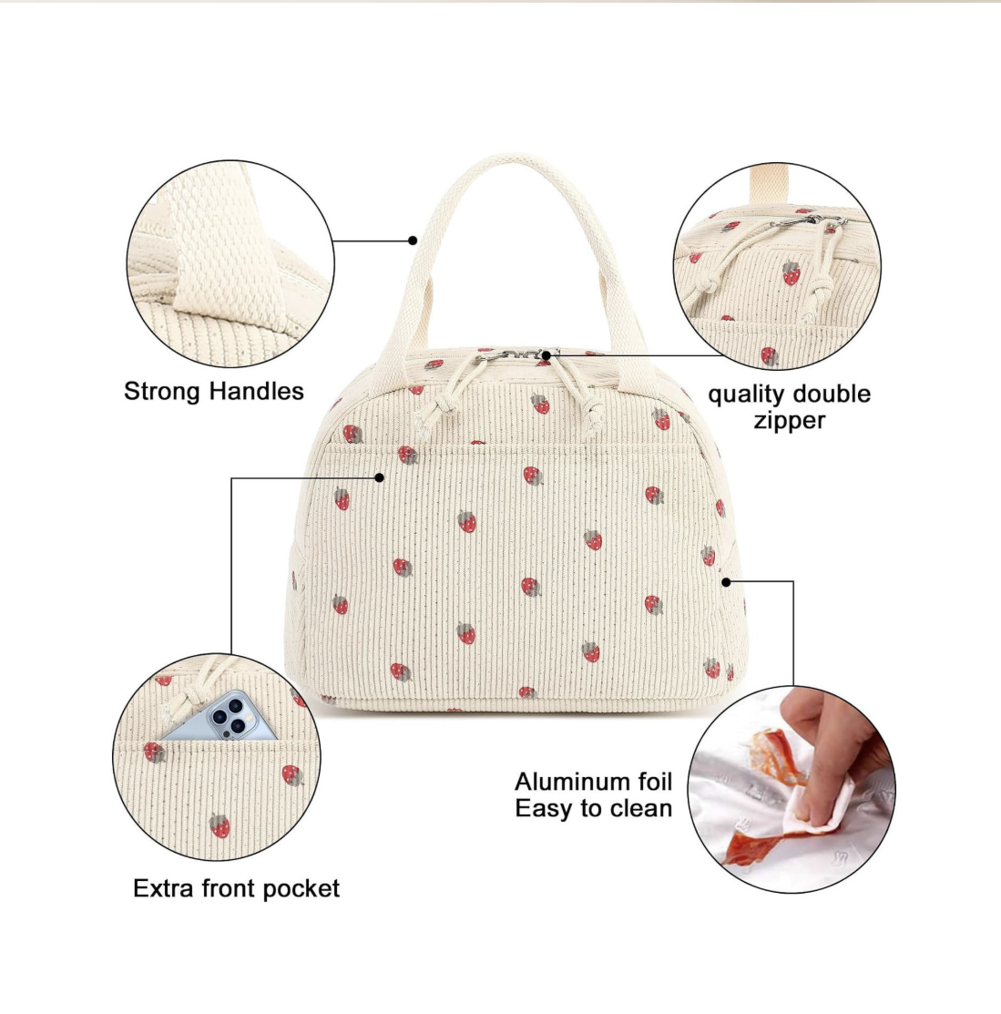 AB-28 corduroy lunch bag in cream with strawberry print, thick insulation for fresh food storage