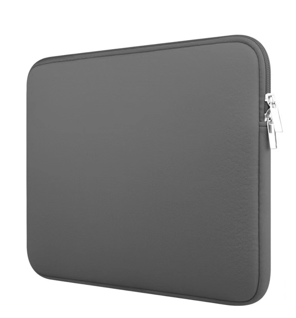 A dark gray laptop sleeve with a textured faux-leather finish, shown at an angle with a silver zipper pull on a plain white background.
