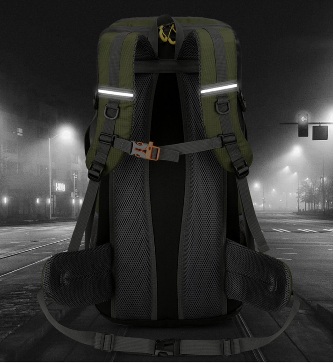 AB-28 large outdoor backpack in olive green with waterproof Oxford fabric and night safety strip