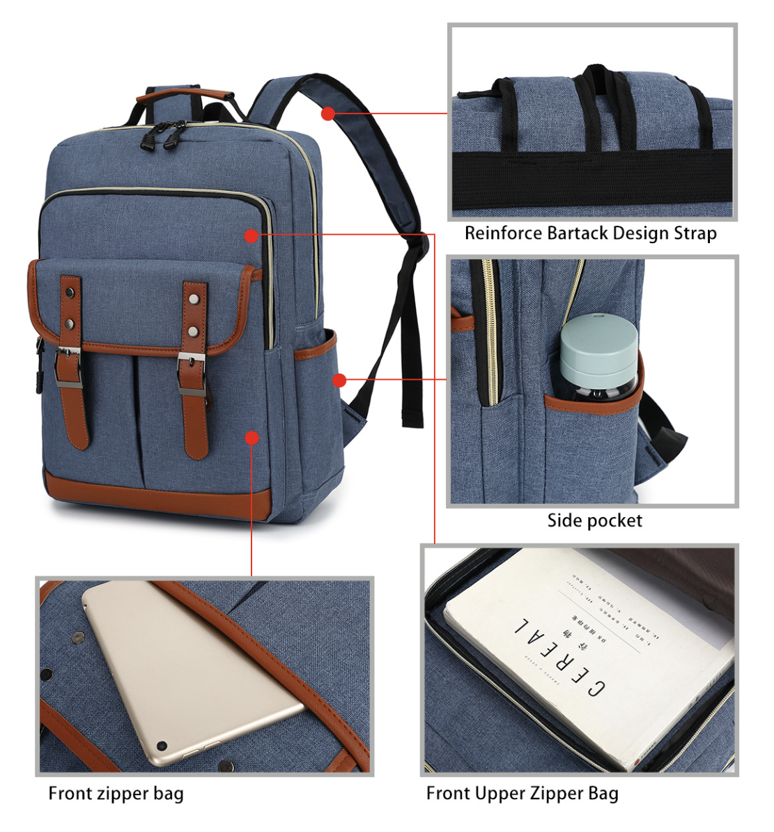 AB-28 spacious Oxford backpack in blue fabric with curved ergonomic back panel and reinforced straps
