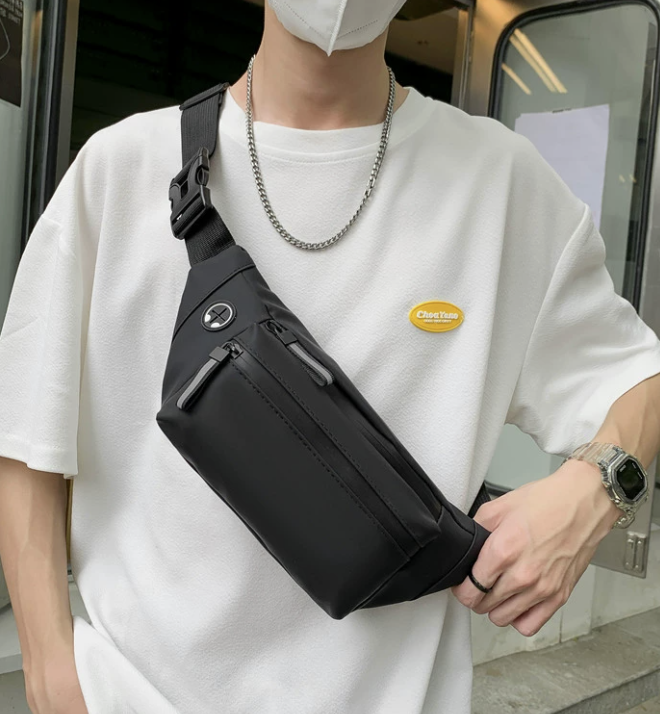 Water resistant small trapezoid pouch by dropshipping in black faux leather with polyester lining and zipper
