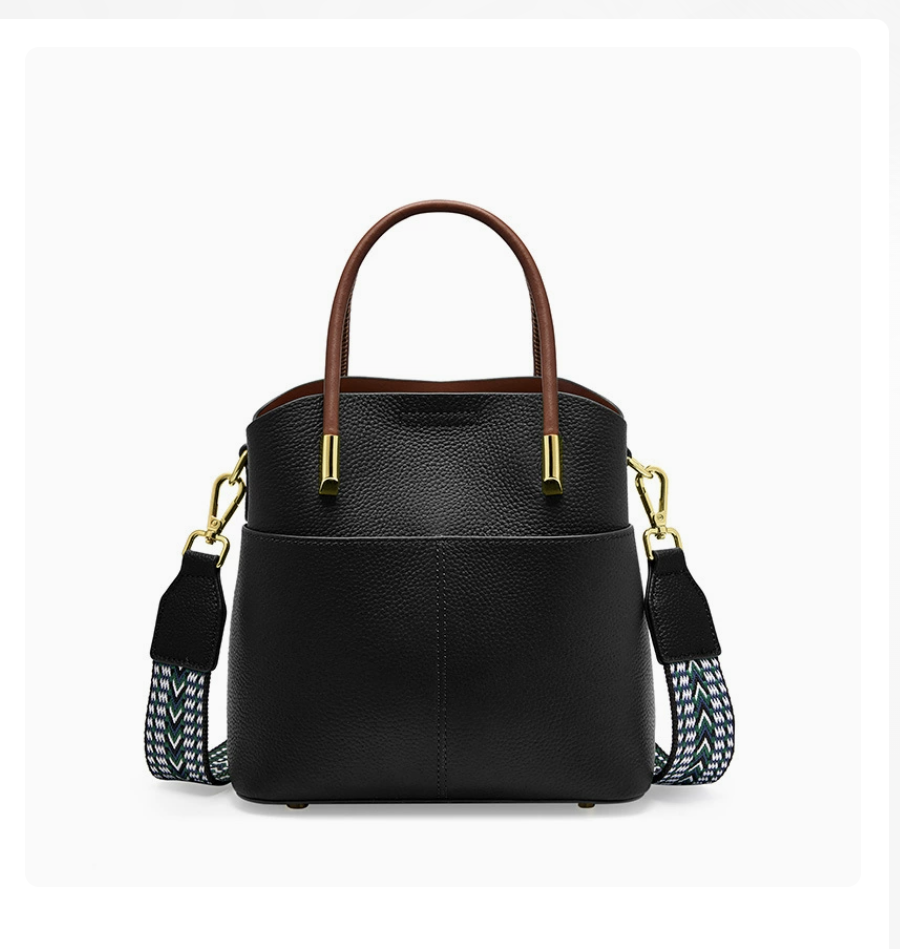 Luxury genuine leather women handbag by AB-28, black with detachable shoulder strap and multiple pockets
