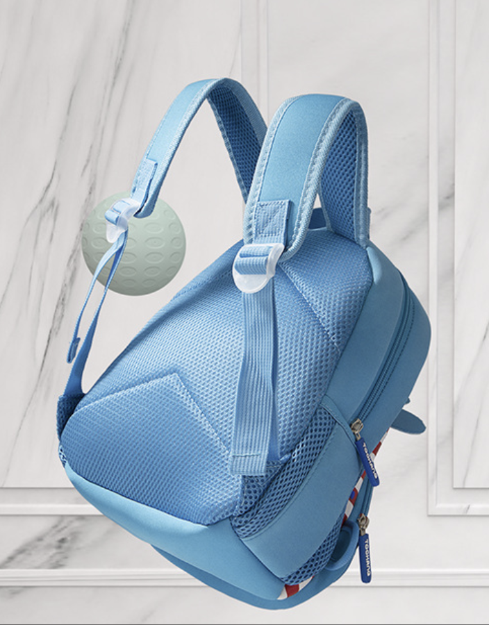 Dropshipping kids school bag in light blue neoprene with cartoon animal design and shock resistant padding