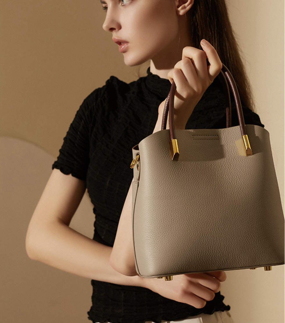 Luxury AB-28 women handbag in genuine leather with multiple pockets, beige tote with structured shape