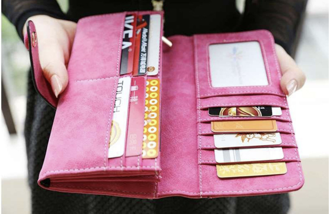 AB-28 long womens wallet in pink PU suede with patchwork and card slots and bill compartments
