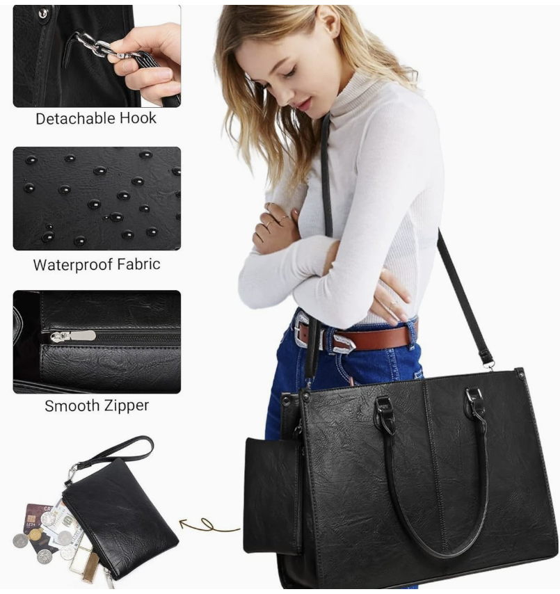 dropshipping luxury laptop backpack in black PU leather with padded shoulder straps for work and travel