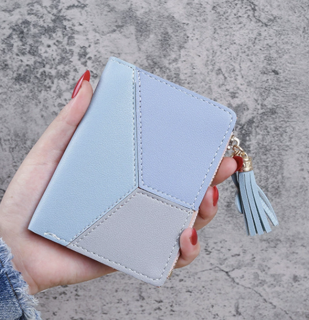 Dropshipping modern wallet in light blue faux leather with double fold and PU wear resistant finish