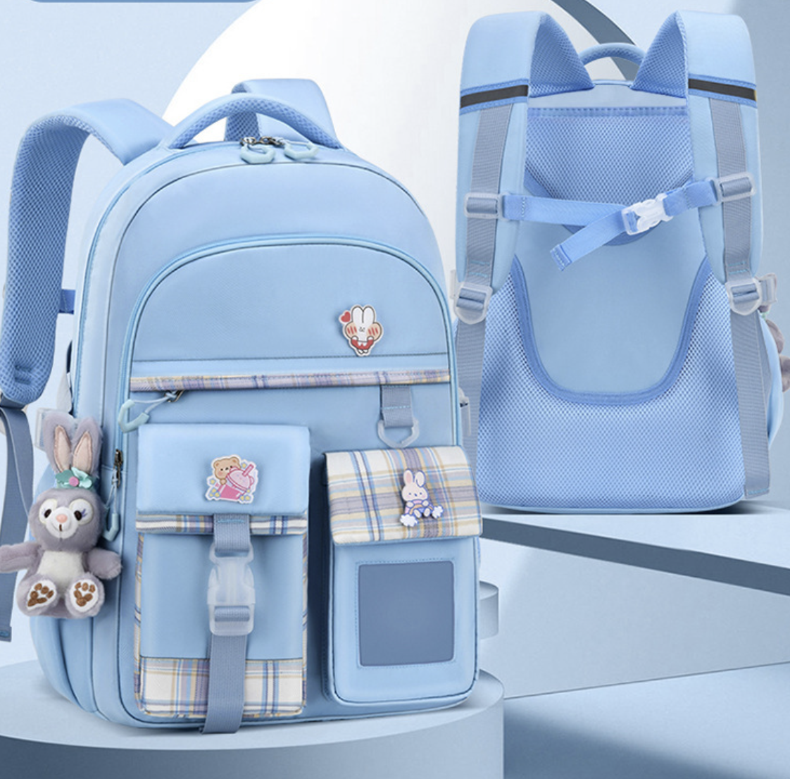 dropshipping light blue kids school backpack with Oxford fabric and padded shoulder straps for easy carrying