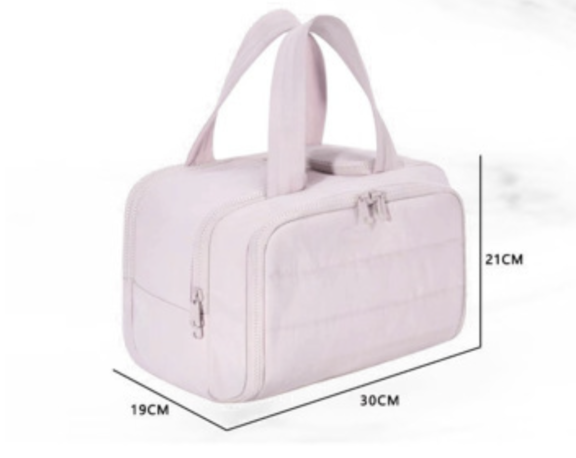 AB-28 layered makeup bag in light pink polyester with double opening for cosmetics storage