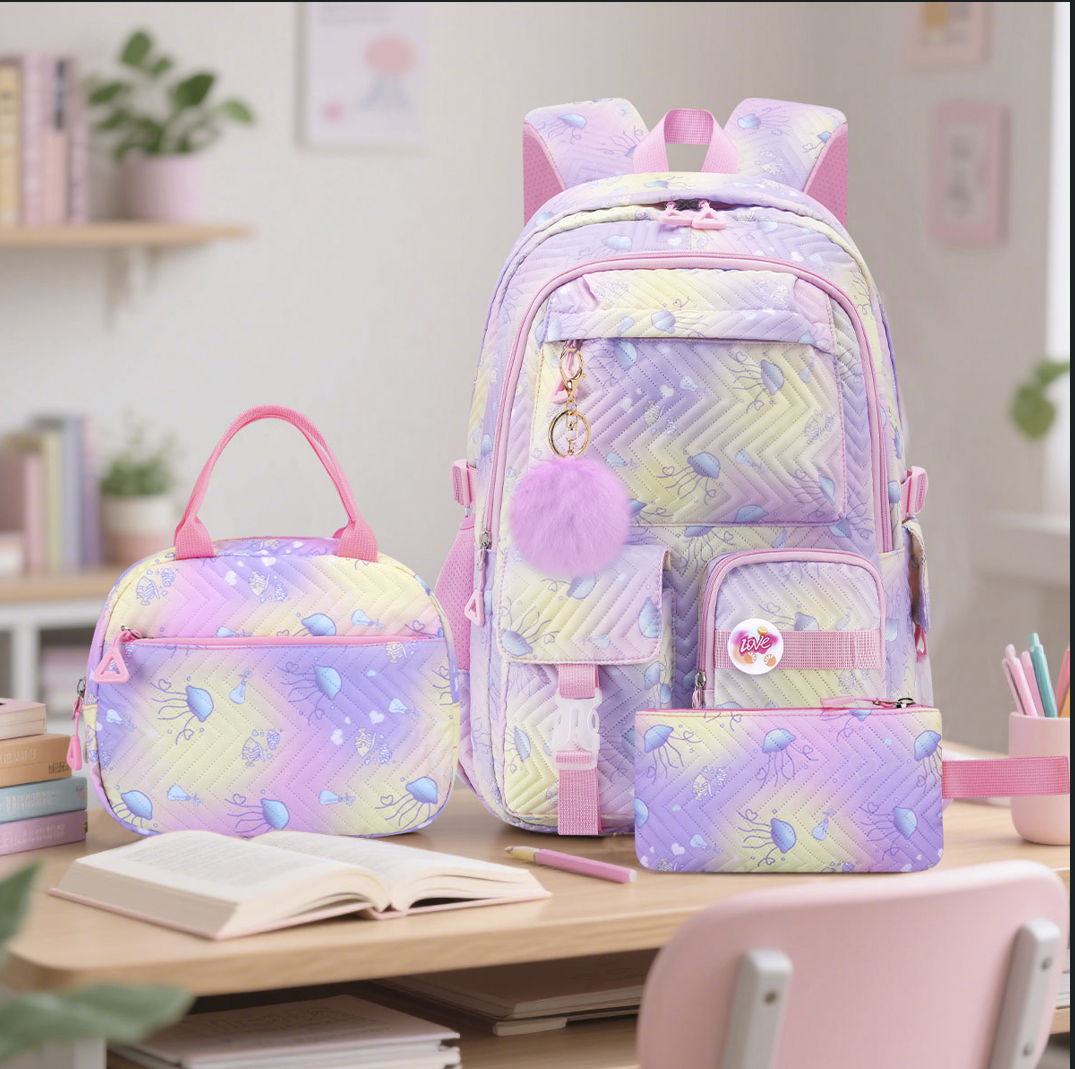 סט תיקים לילדים 3 חלקים קל ונוח dropshipping 3 piece school bag set in lavender Oxford fabric with spine support
