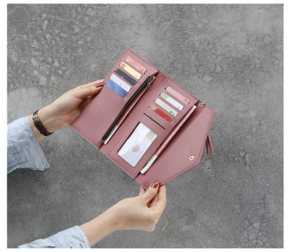 Elegant long women wallet clutch by AB-28 in dusty rose PU leather with third fold card and bill slots