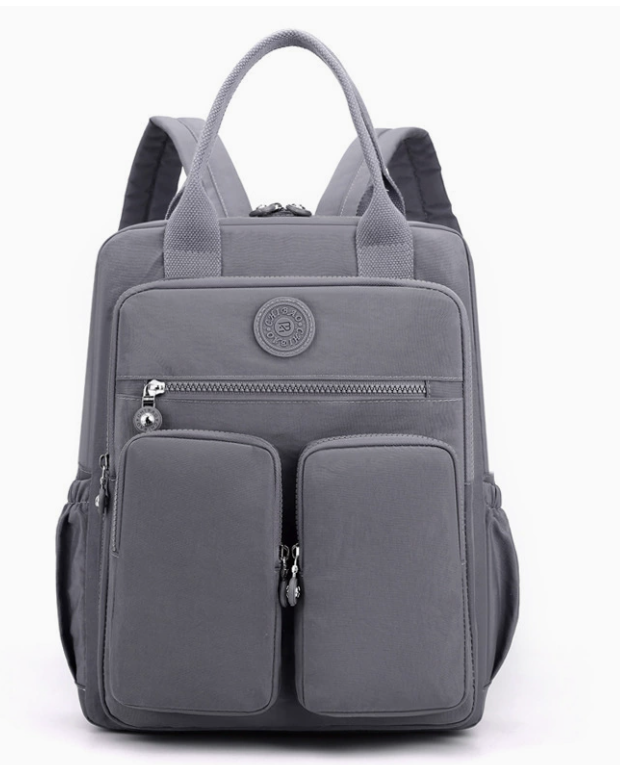 Water resistant multifunction backpack by dropshipping in gray nylon with multiple pockets and hidden laptop compartment