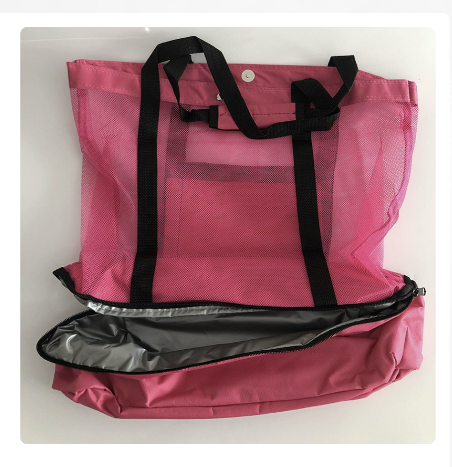 Portable mesh storage bag by AB-28 in pink with strong grab handles and foldable travel design