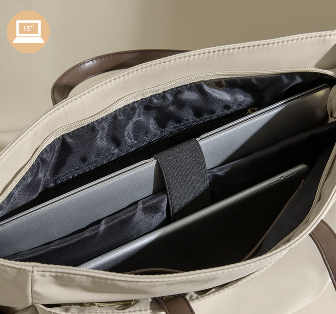תיק צד בעל קיבולת גדולה לנסיעות ועבודה dropshipping laptop bag in light beige with water resistant Oxford fabric