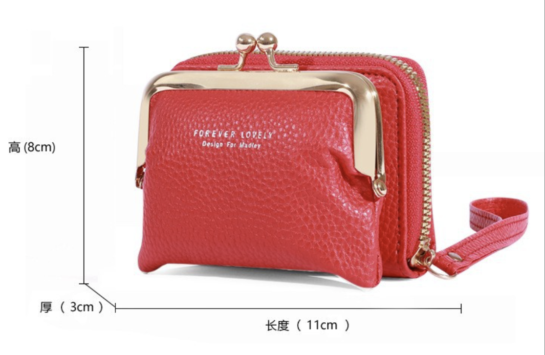 AB-28 short wallet in red PU leather with card and document pockets, compact 11 by 7 by 3 cm
