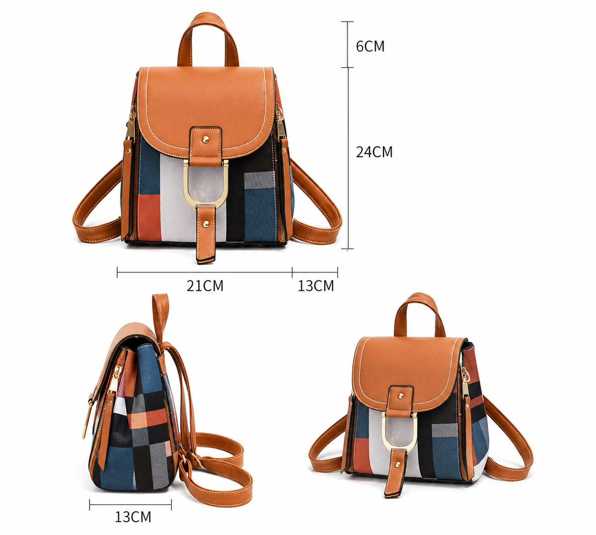 Women's Color Block PU Leather Backpack with Magnetic Buckle