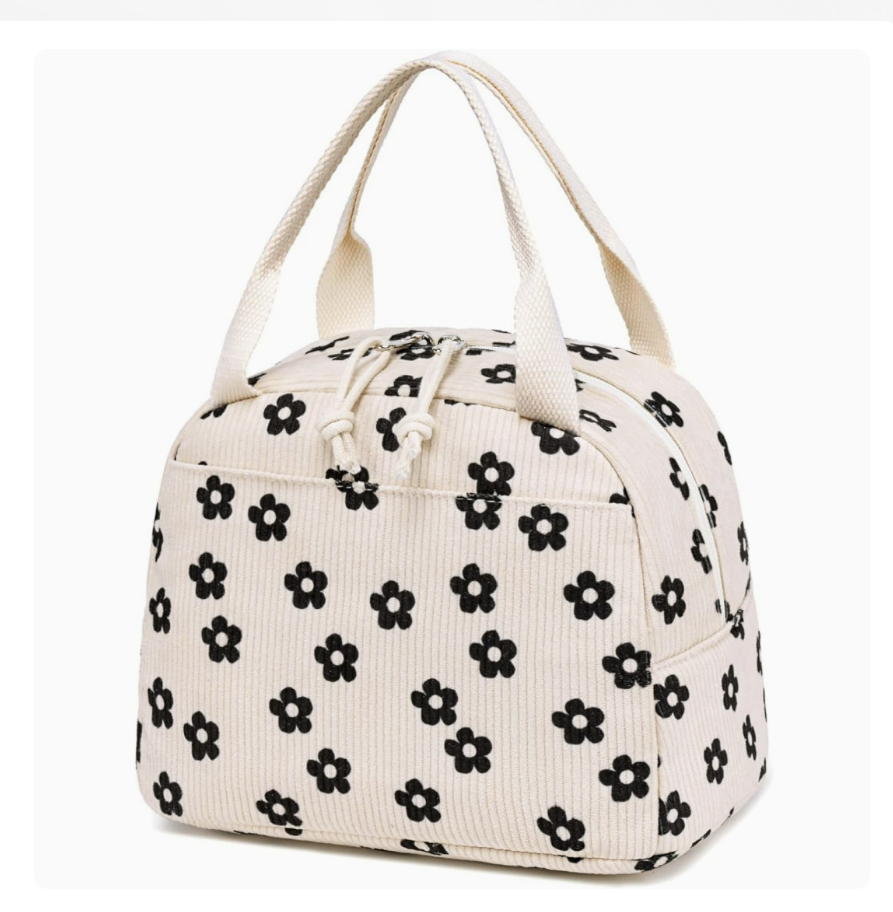 Tote lunch bag AB-28 corduroy insulated for fresh food, cream with black floral print and drawstring top