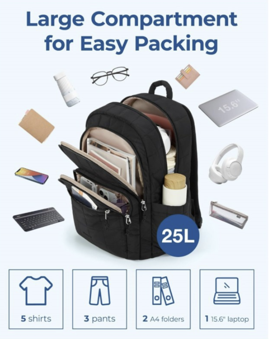 AB-28 waterproof travel backpack in black polyester with padded air shoulder straps and 25L capacity shown