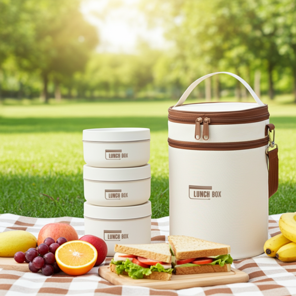 A cream-colored multi-compartment lunch box set with brown trim, shown outdoors on a picnic blanket with a sandwich, fruit, and a blurred park background. The main insulated container and three stacked containers are labeled 'LUNCH BOX'.