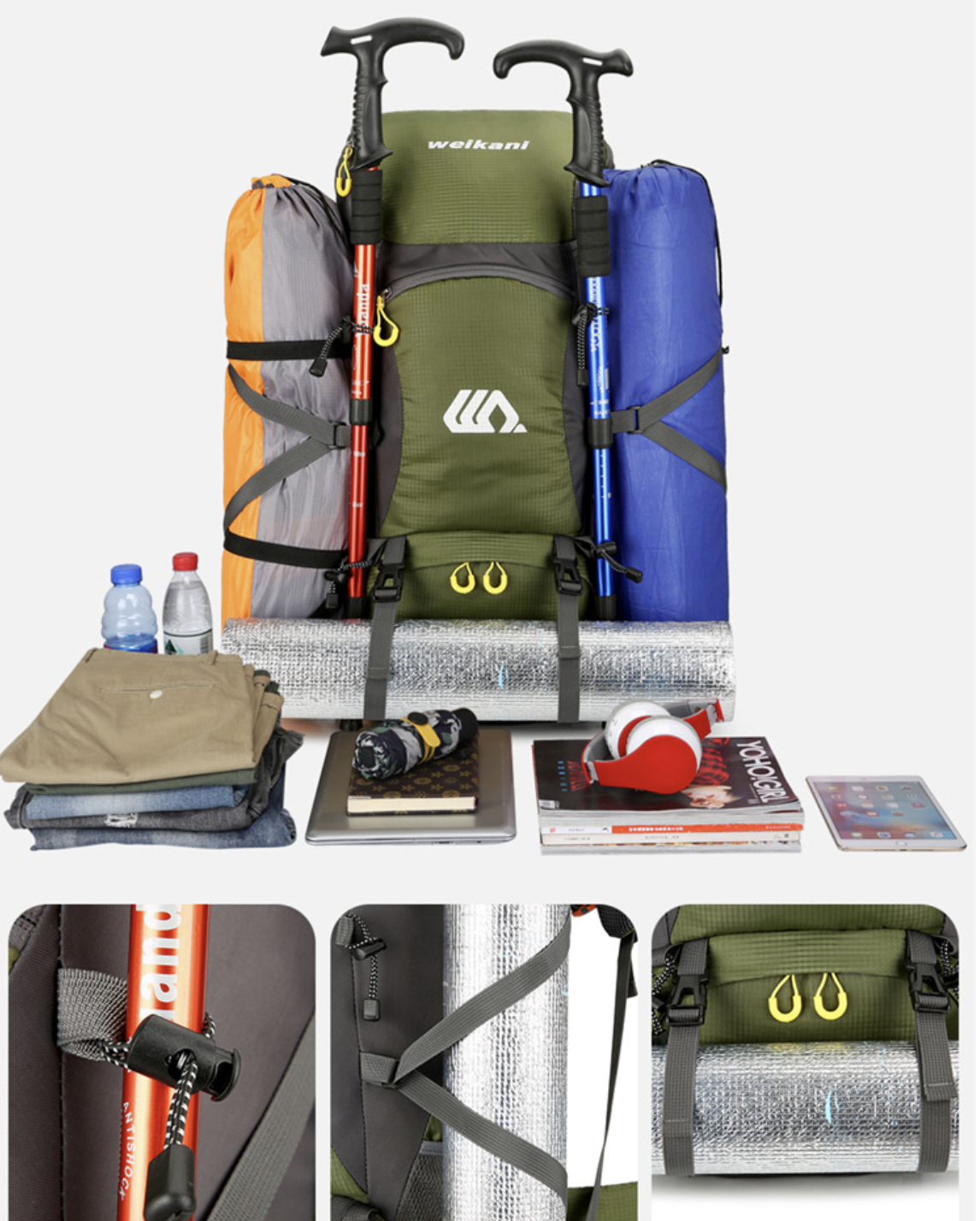Large outdoor backpack by AB-28 with waterproof Oxford fabric and a 50 liter capacity, shown in olive green