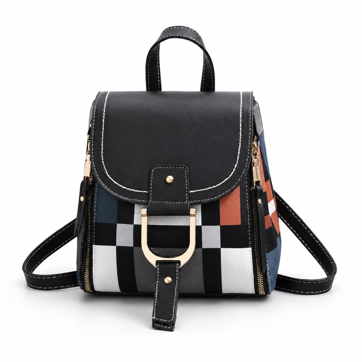 Women's Color Block PU Leather Backpack with Magnetic Buckle