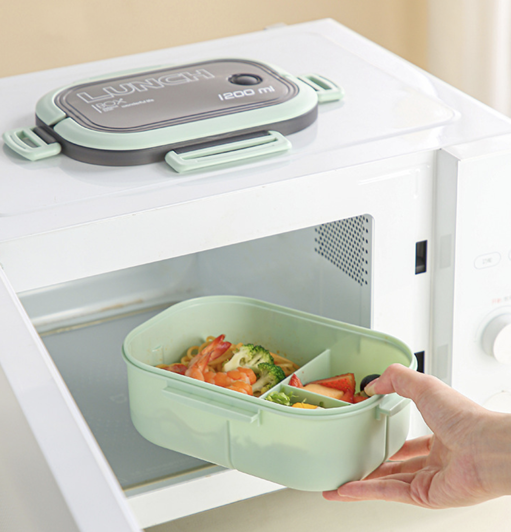 Microwave meal heating lunch box AB-28 in light green plastic, double layer, 1200 ml capacity