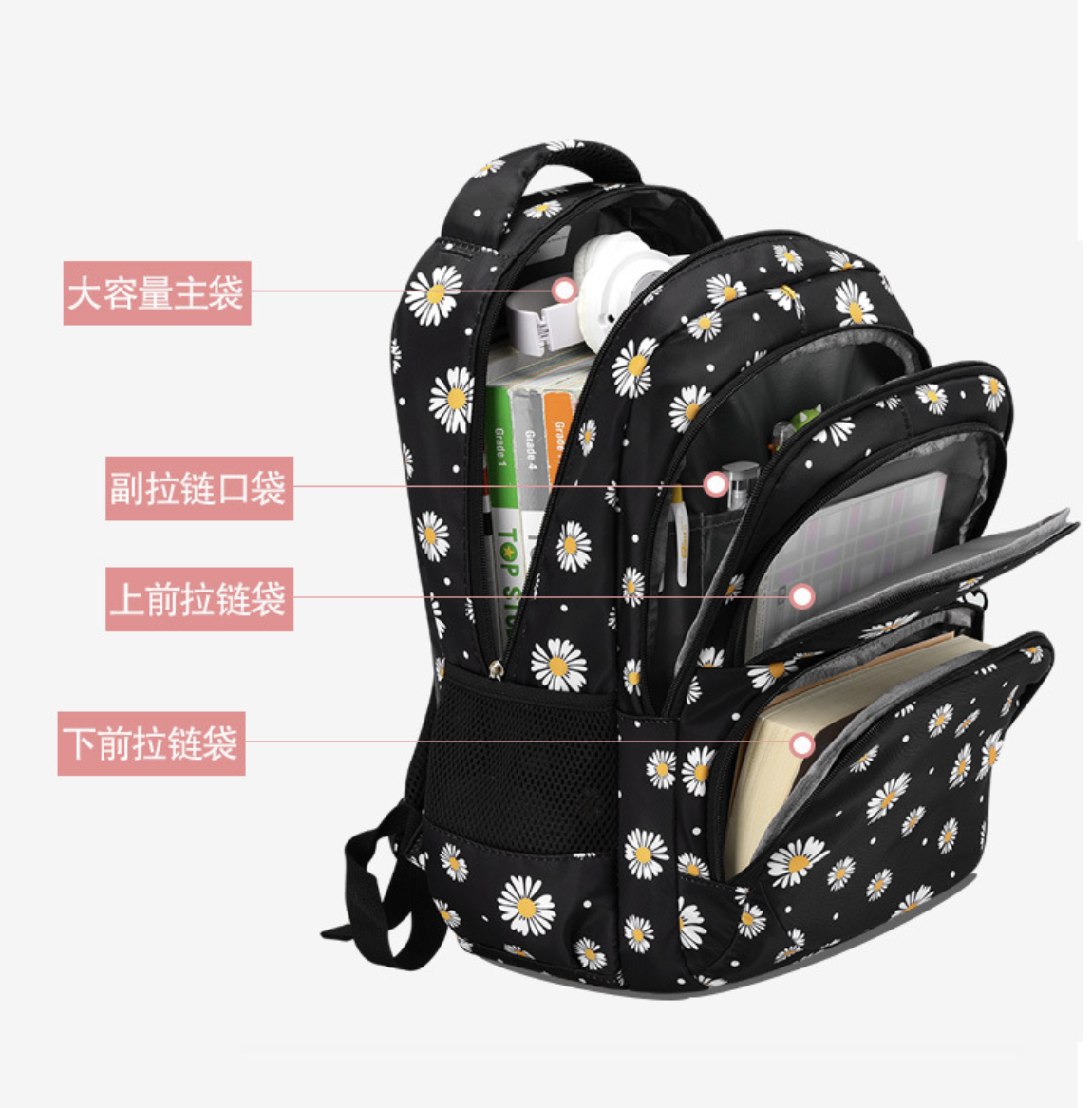 סט תיקים לילדים, AB-28 3 piece school backpack set in black nylon with curved shoulder straps