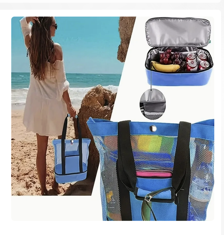 AB-28 portable mesh storage bag in blue with foldable side travel organizer and strong carry handles