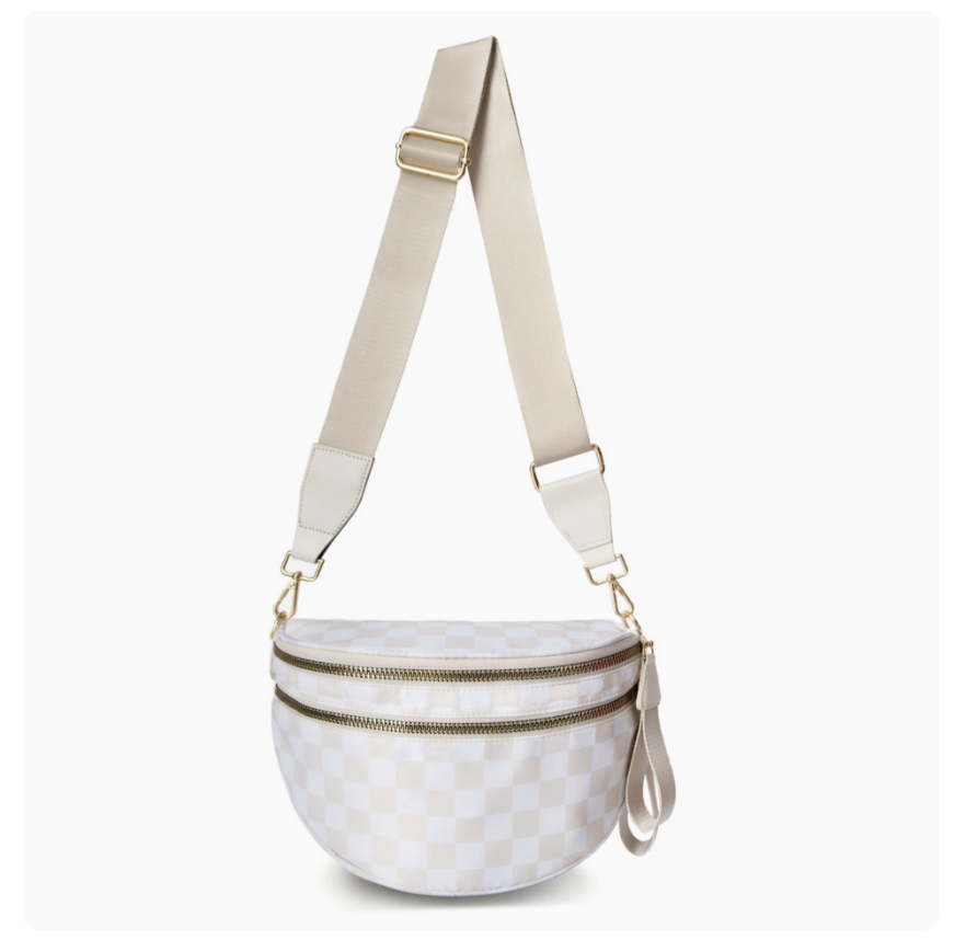 Large AB-28 crossbody bag in light beige polyester with zip closure and checkered front pocket