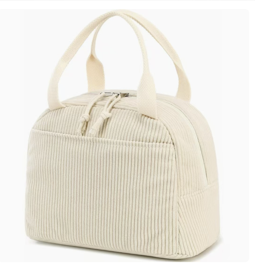 AB-28 corduroy lunch bag in light cream with thick insulation for fresh food, 10 ml capacity