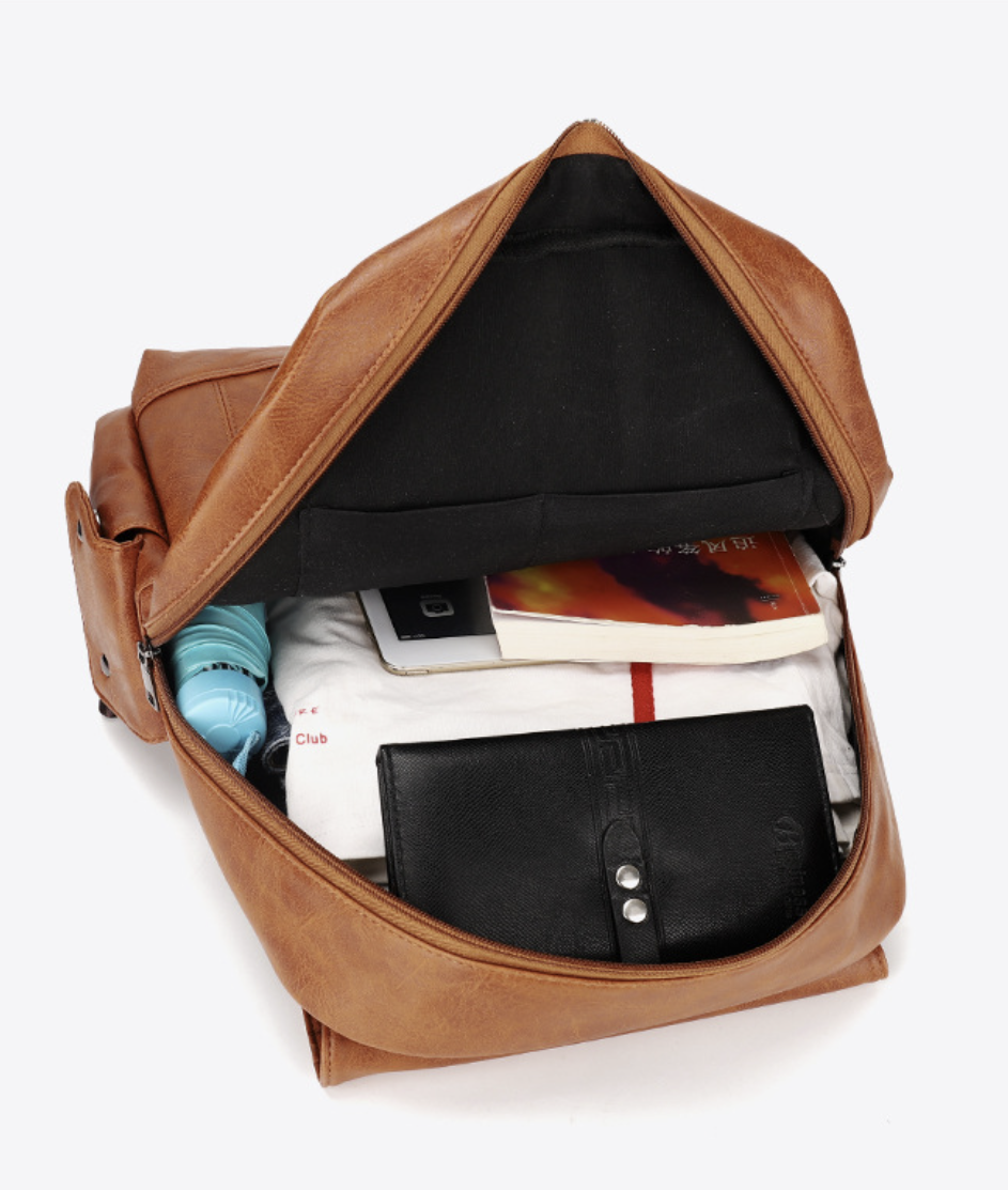Retro PU leather AB-28 backpack in tan with padded air cushion shoulder straps and a laptop ready interior