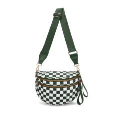 Large crossbody bag by AB-28 in green and white polyester with zip closure and inner zip pocket, shown upright