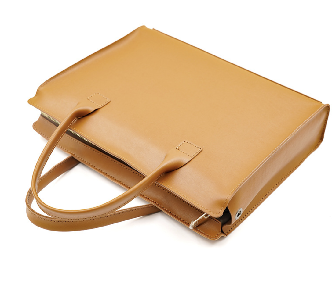 Laptop bag with zipper by AB-28 in tan PU leather, for everyday work with breathable polyester lining