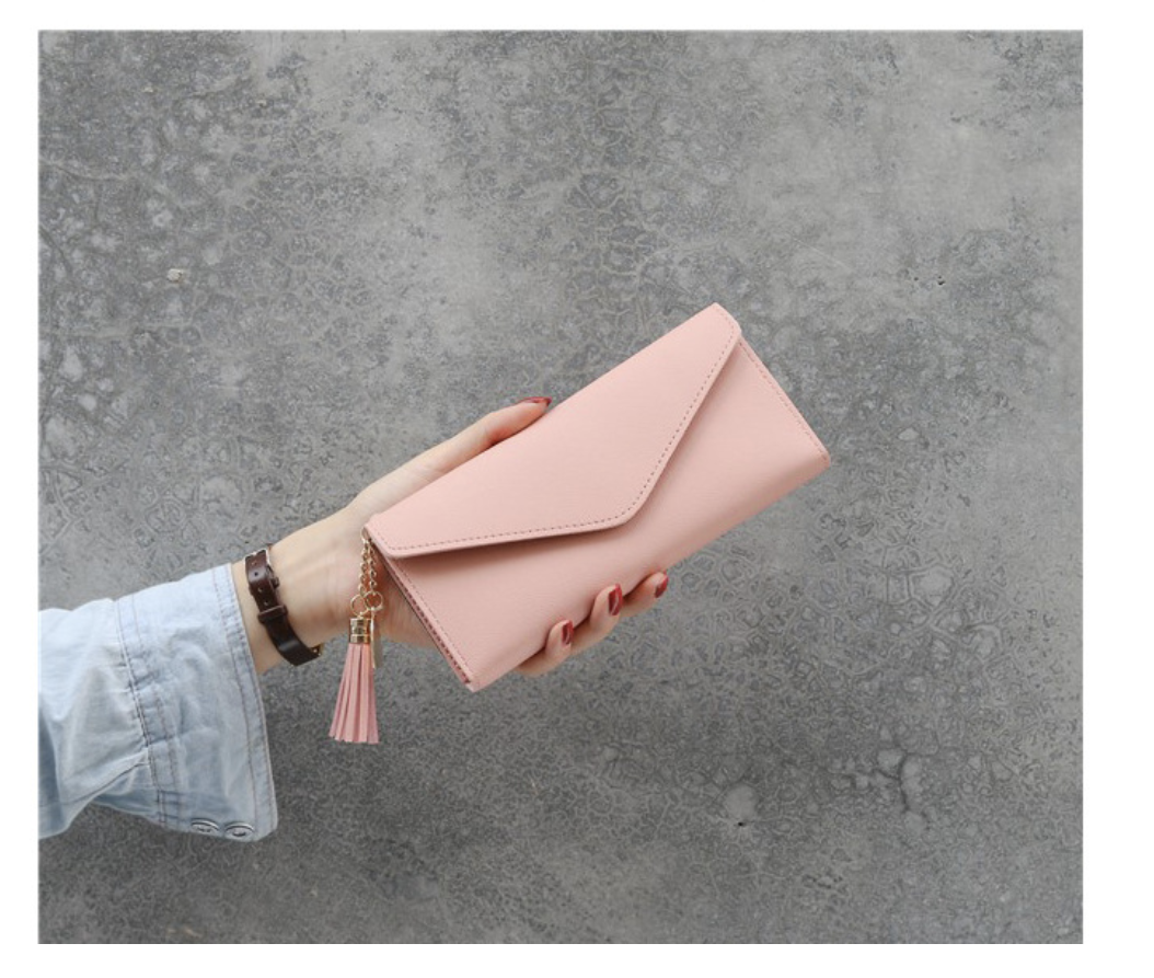 Elegant long women's clutch wallet AB-28 in pink PU leather with third fold and multiple card slots