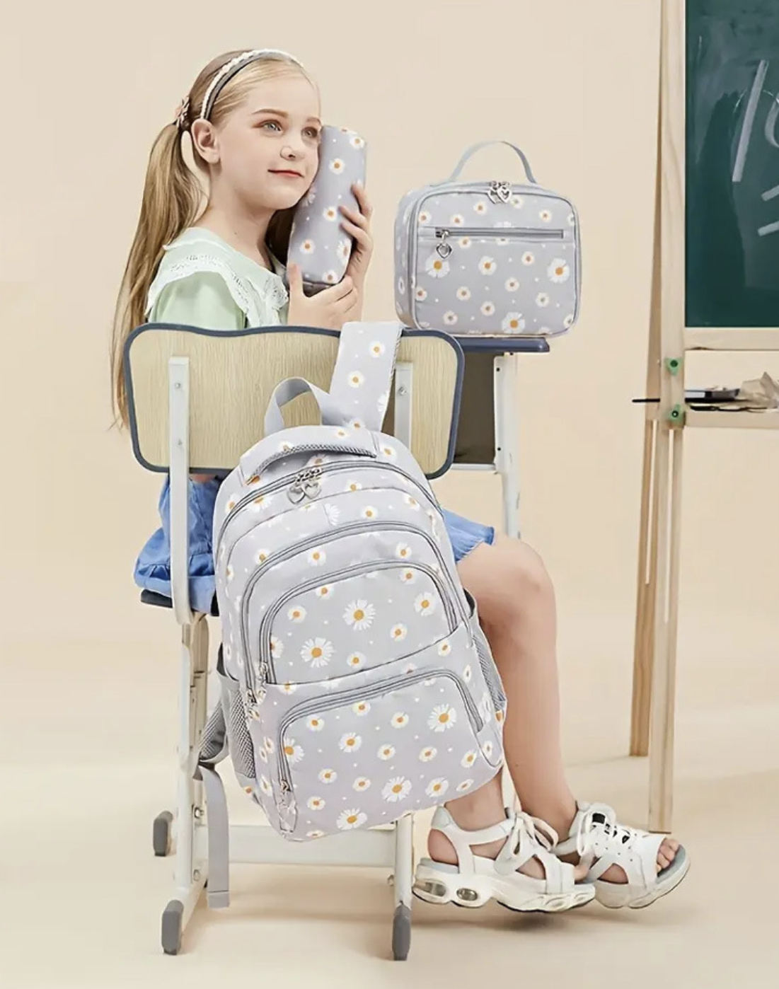 סט תיקים לילדים 3 חלקים AB-28 kids school backpack set in light gray nylon with curved shoulder straps