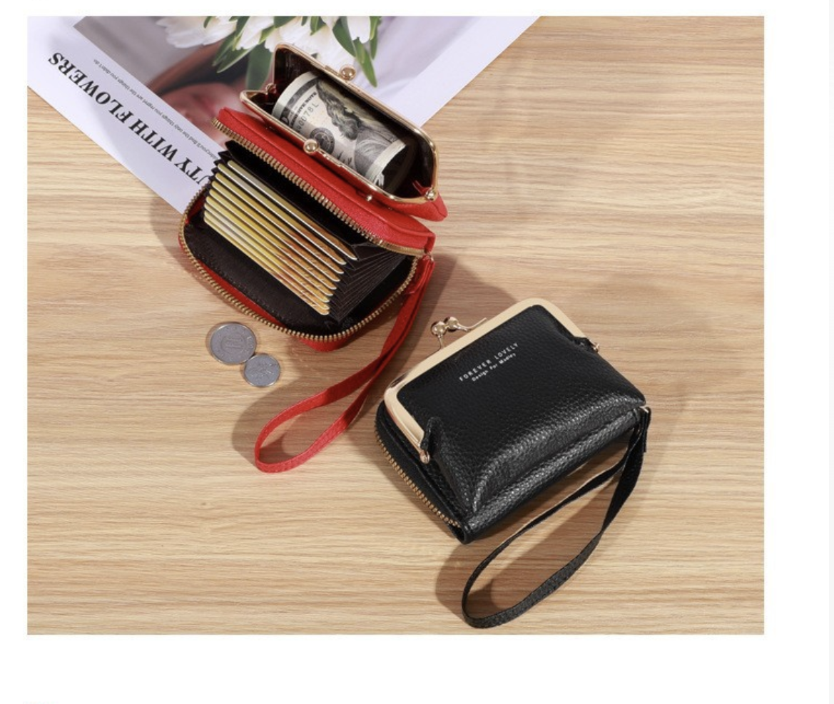 AB-28 short wallet with PU leather, card and document pockets, black zip closure and phone slot