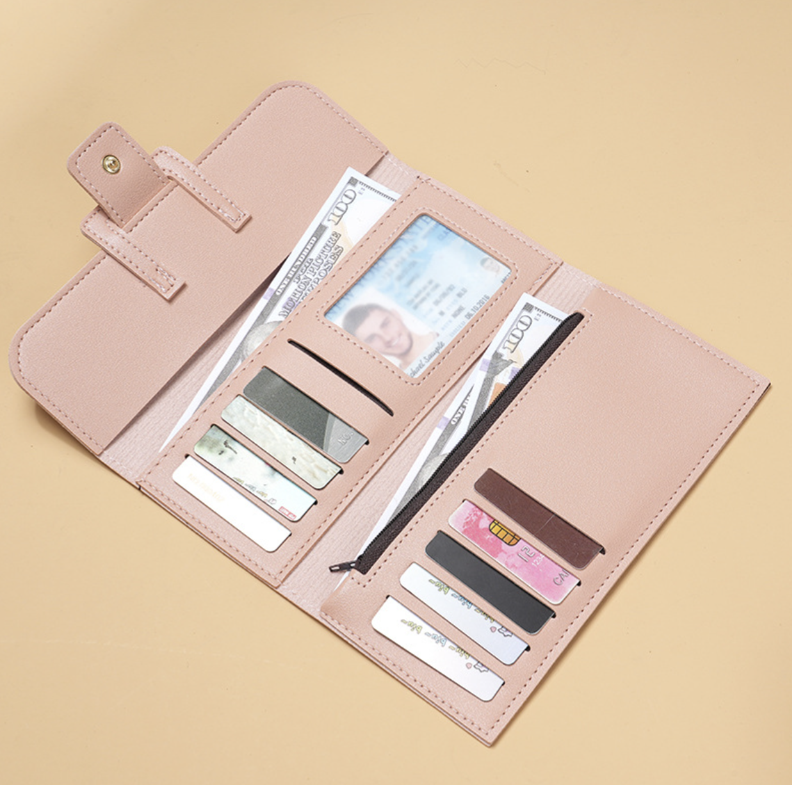 ארנק ארוך מתקפל רב-תכליתי עם סגירת מגנט AB-28 women wallet in Pink leather with multiple card slots