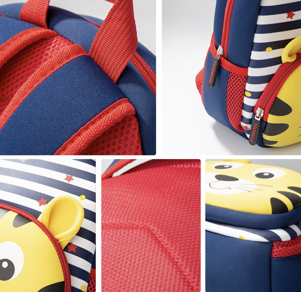 Dropshipping kids school bag in blue and red neoprene with animal cartoon design and shock resistant padding