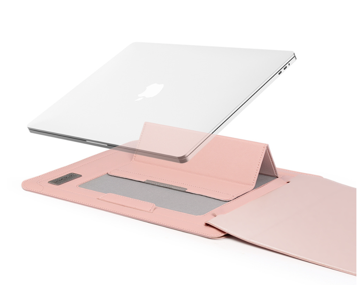 A pink folio-style laptop sleeve shown open and angled, with a silver laptop partially inserted or displayed above it, on a clean white background.