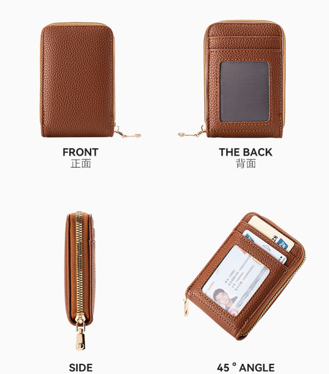 Arnk zipper wallet AB-28 in Brown faux leather with multiple card slots and coin pocket