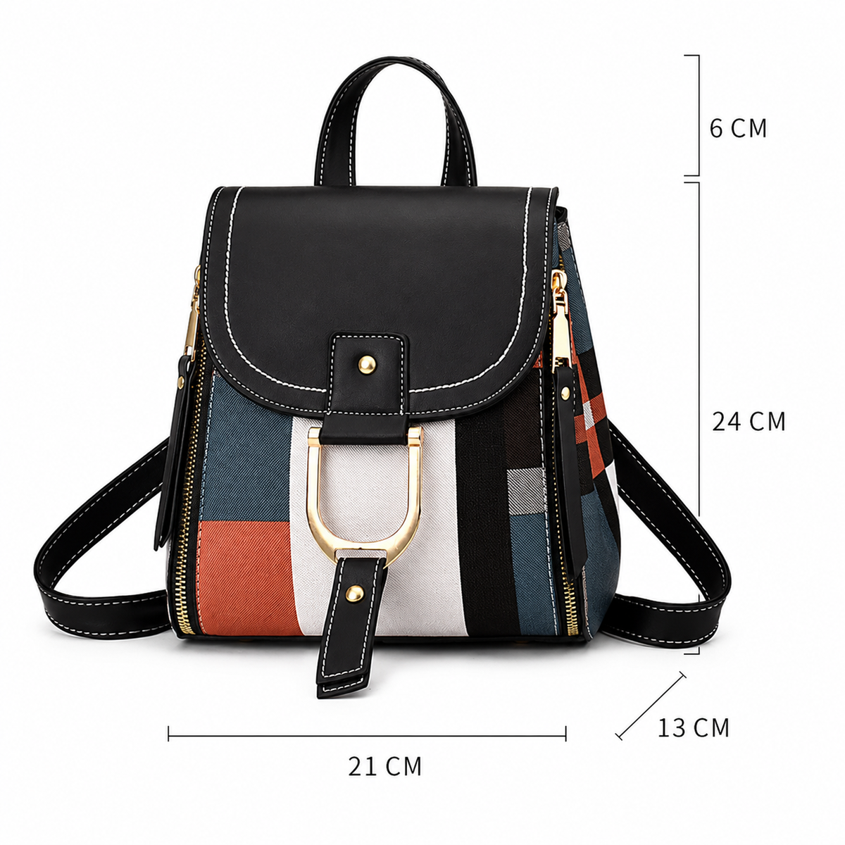 Women's Color Block PU Leather Backpack with Magnetic Buckle