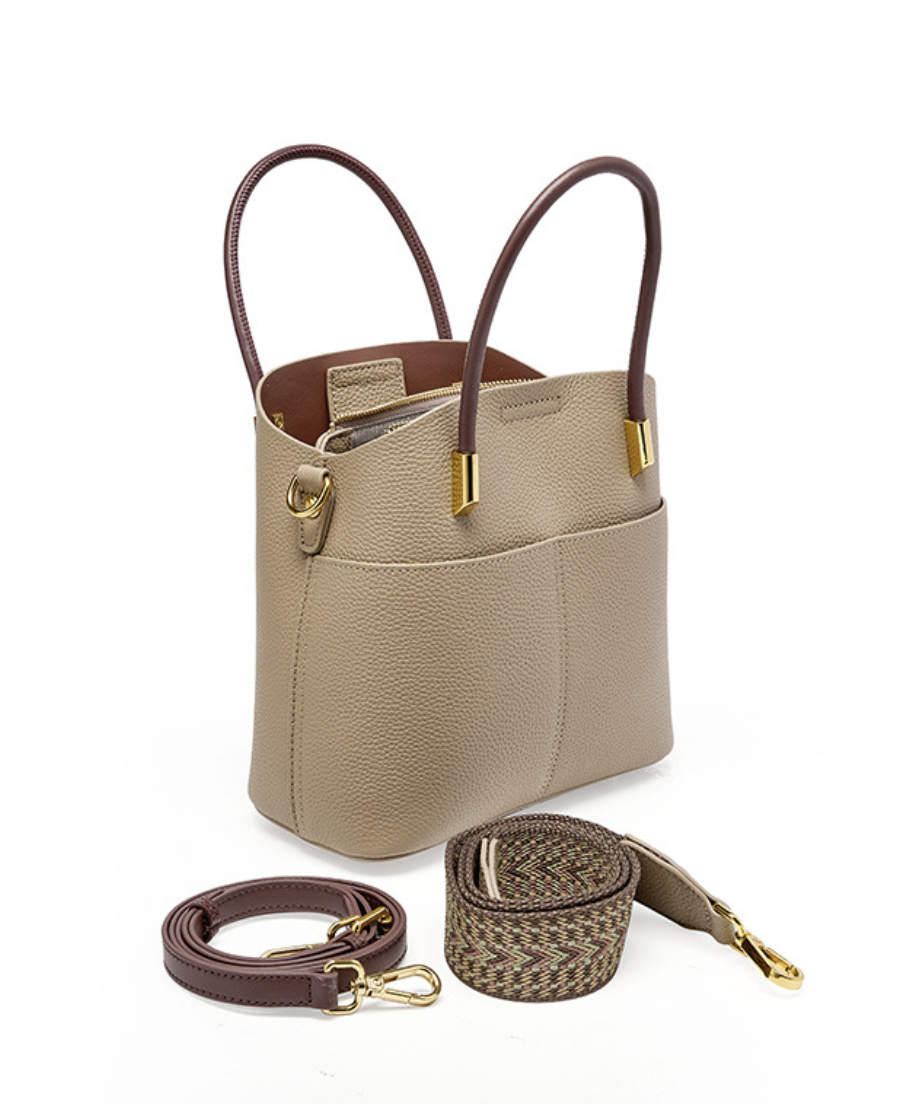 Luxury leather women handbag AB-28 beige with detachable shoulder strap and multiple pockets