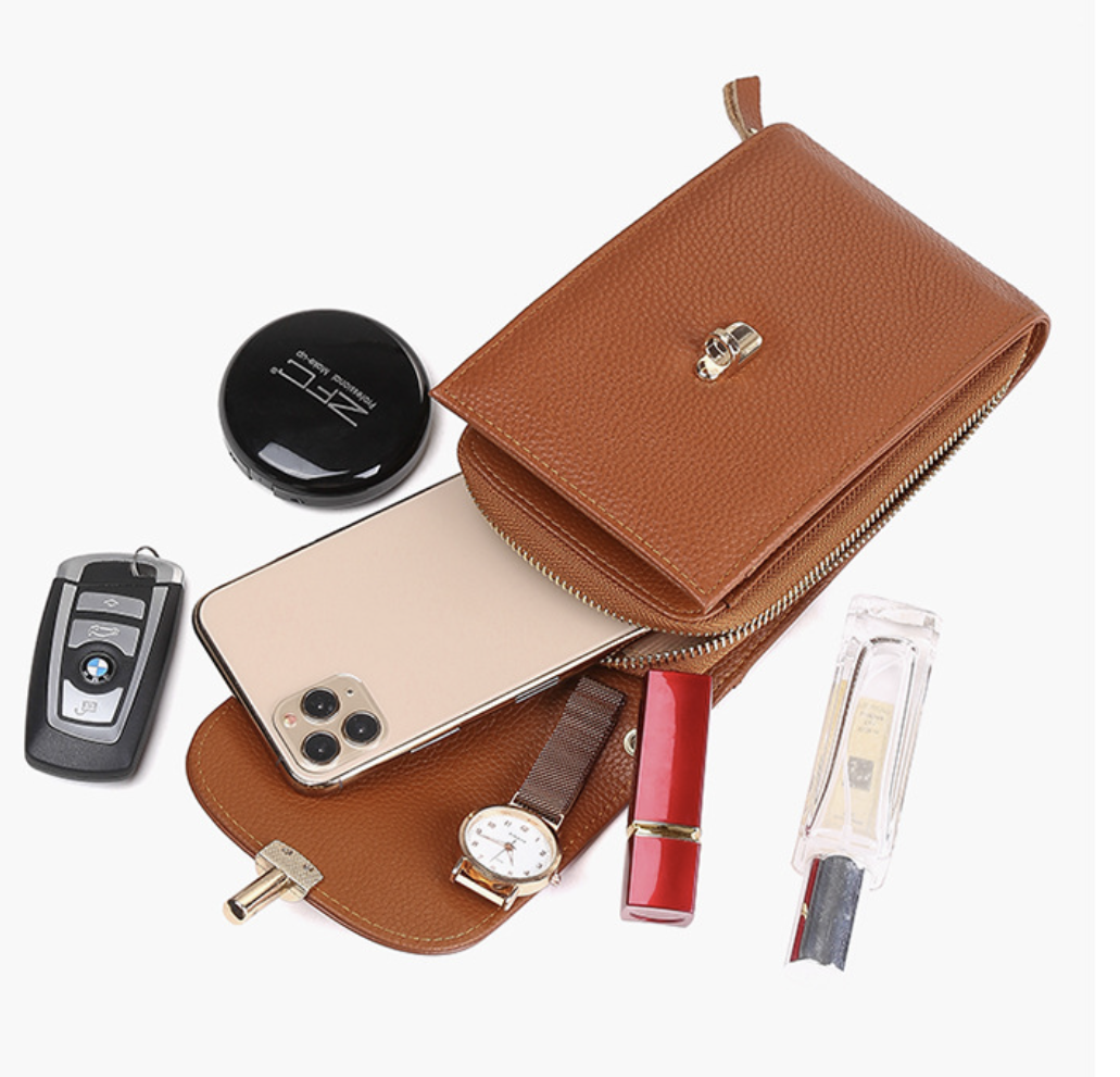 Real leather crossbody phone pouch AB-28 in tan with card slots and zip top closure