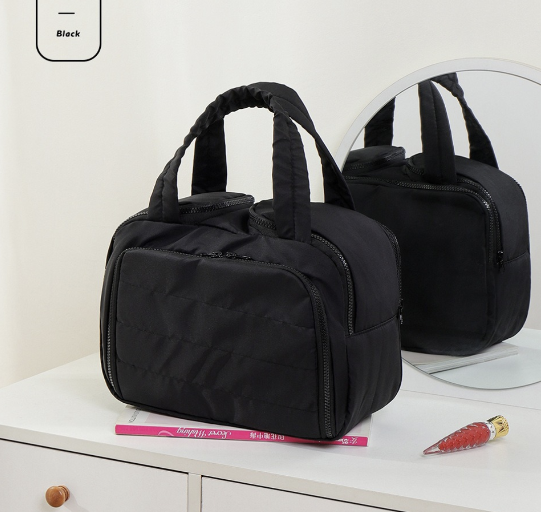 AB-28 black multilayer makeup bag in polyester with double opening for cosmetics storage