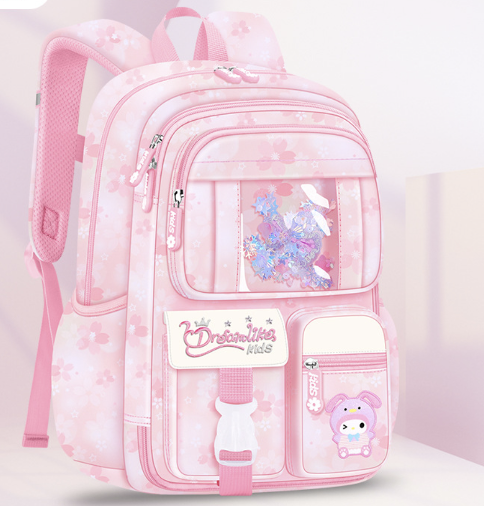 Dropshipping children school bag in pink with anti bacterial polyester material and padded shoulder straps
