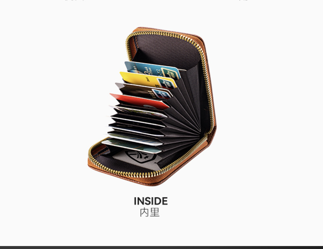 AB-28 zipper wallet with many card slots in bronze faux leather, organized interior for cards and coins