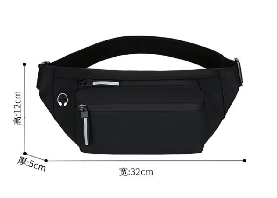 dropshipping waterproof trapezoid small waist bag in black faux leather with polyester lining and zipper opening