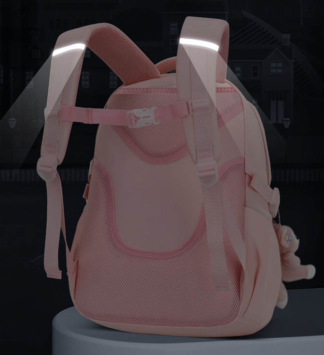 Dropshipping kids school backpack in light pink Oxford fabric with padded shoulder straps for easier carrying